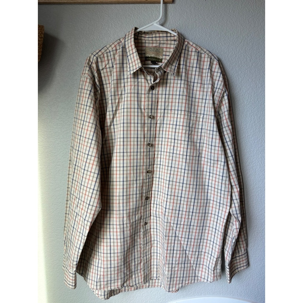 Cabelas Outfitter Series Mens XL Tall Plaid Button Down Shirt Long Sleeve Cream